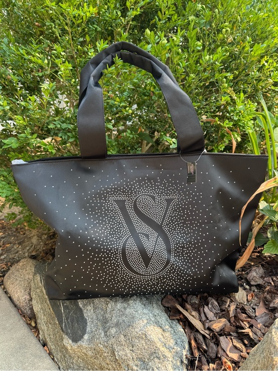 Victoria's Secret Handbags - Victoria's Secret Large Black Rhinestone Logo Tote nwt